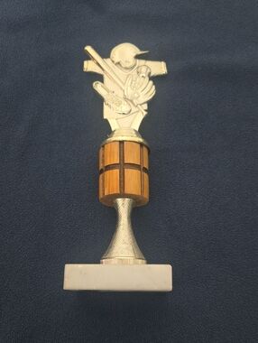 Vintage Baseball Trophy with Wooden Column and Marble Base - Gold Tone